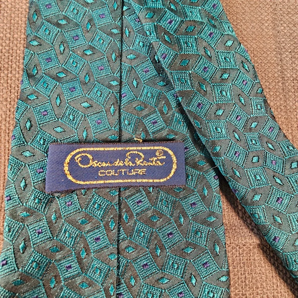 Oscar‎ de la Renta Couture Mens Teal Geometric Silk Necktie Designer Tie